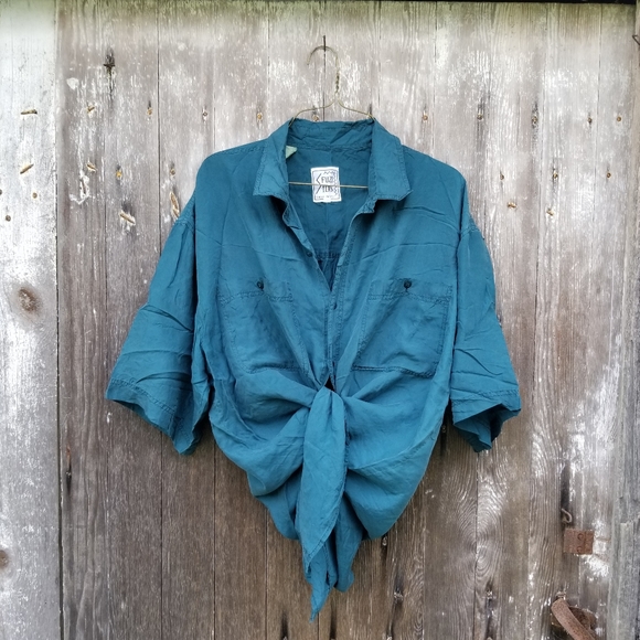 VTG 90s Turquoise Teal Silk Boxy Button Up Shirt - Picture 1 of 11